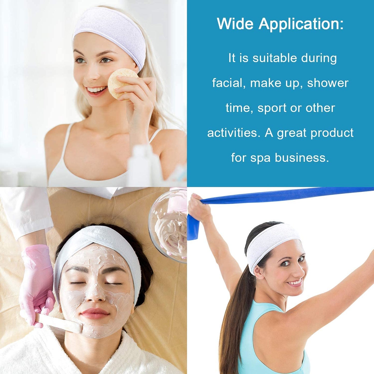 4 Headband, Adjustable Spa Facial Headbands Terry Cloth Stretch Make Up Wrap for Face Washing, Shower, Facial Mask, Yoga, Sport Headband with Magic Tape