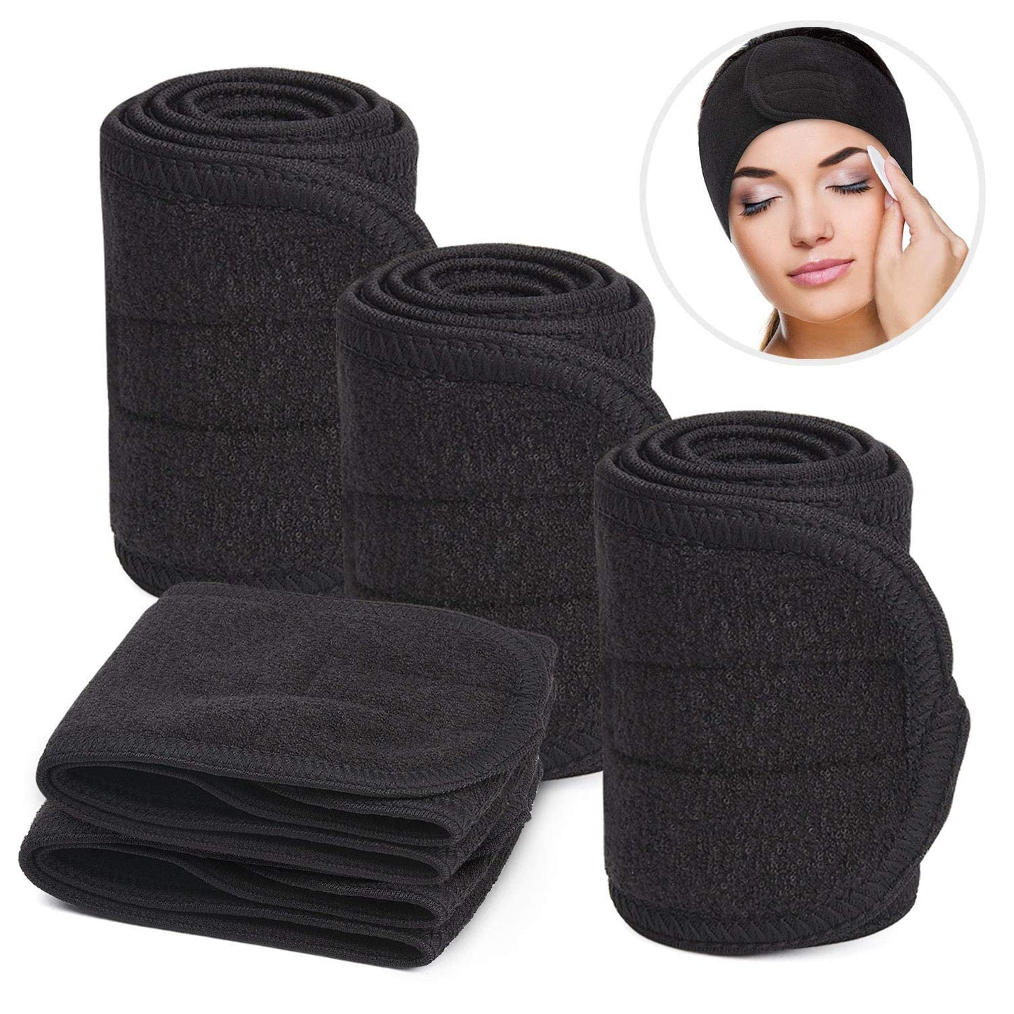 4 Black Headband, Adjustable Spa Facial Headbands Terry Cloth Stretch Make Up Wrap for Face Washing, Shower, Facial Mask, Yoga, Sport Headband with Magic Tape