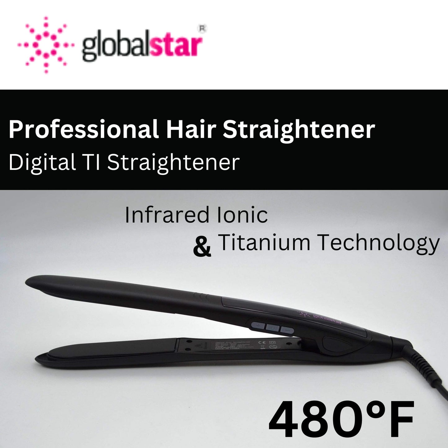 Globalstar FL-1020 Professional Digital Hair Straightener with titanium & Infrared Ionic Technology 480°F