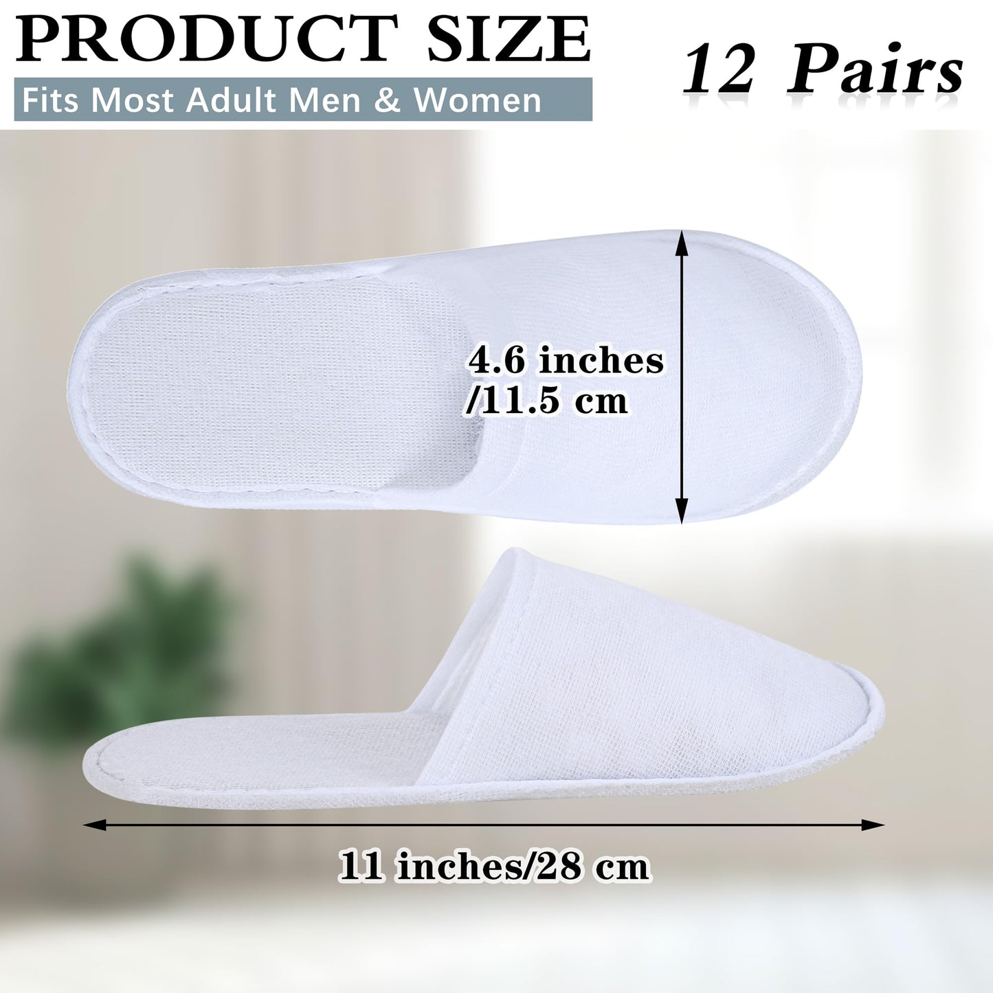 12 Pairs Disposable Spa Slippers Fluffy Closed Toe Spa Slippers for Hotel, Home, Guest Use, Fits up to US Men Size 10 and Women Size 11