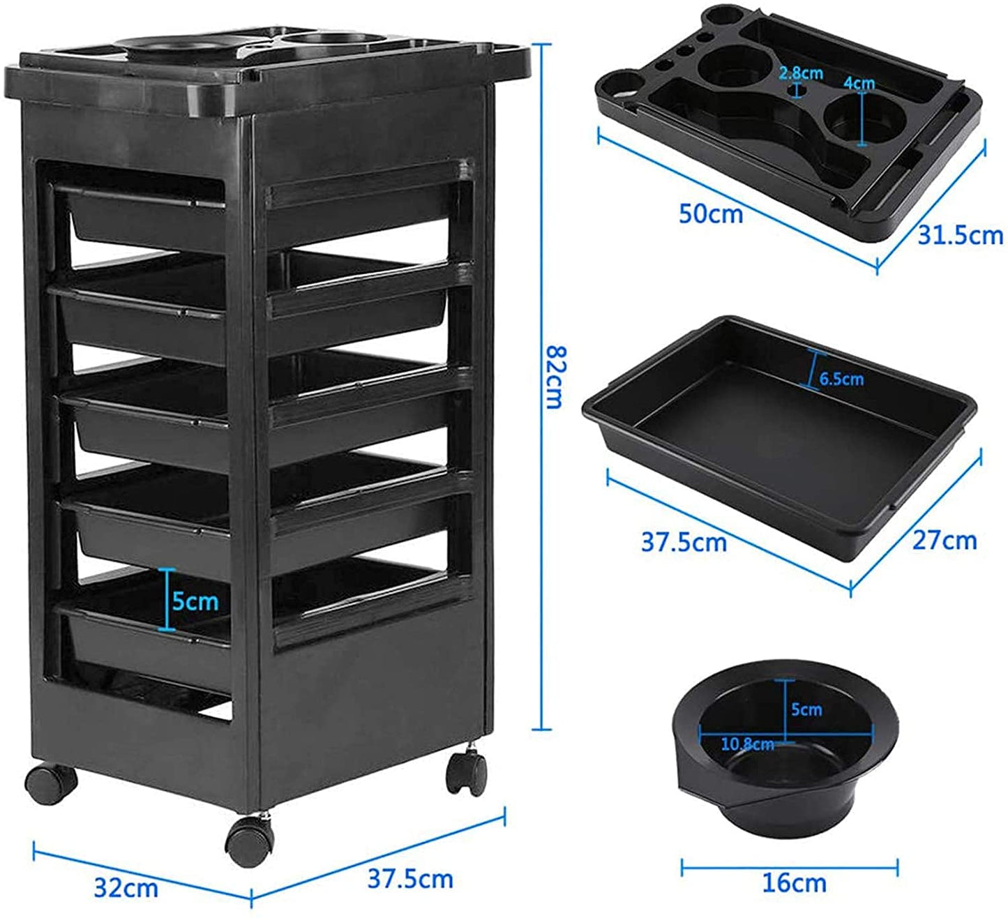 ABS Heavy Duty Black Salon -Barber Hairdressing Storage Trolley - Wheels for Salon Beauty Massage Spa Black