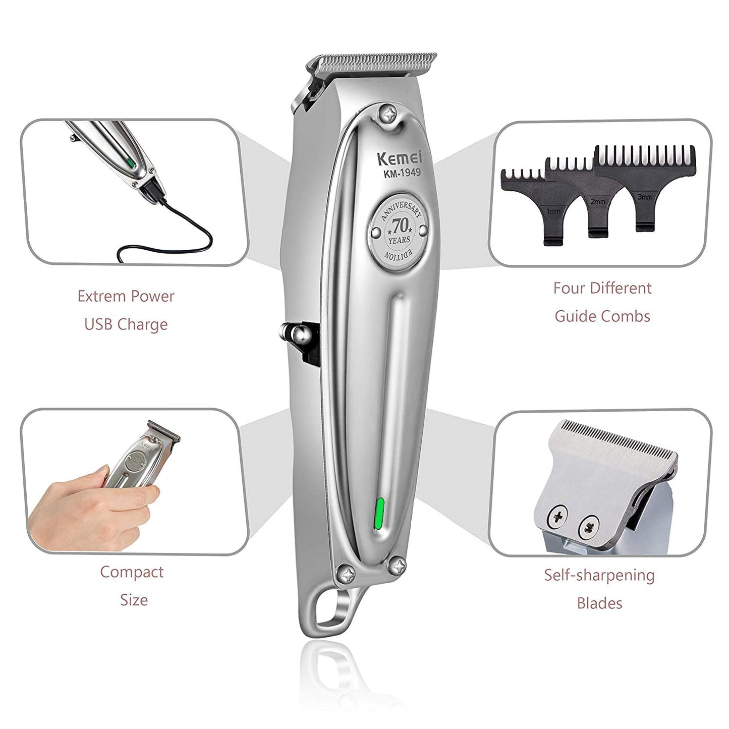 Kemei Original KM-1949 Professional Rechargeable and Cordless Hair Clipper Runtime: 120 min Trimmer for Men (Silver)