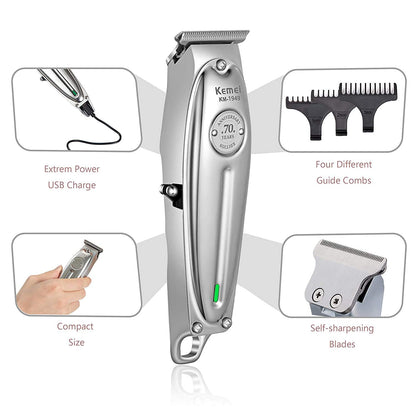 Kemei Original KM-1949 Professional Rechargeable and Cordless Hair Clipper Runtime: 120 min Trimmer for Men (Silver)