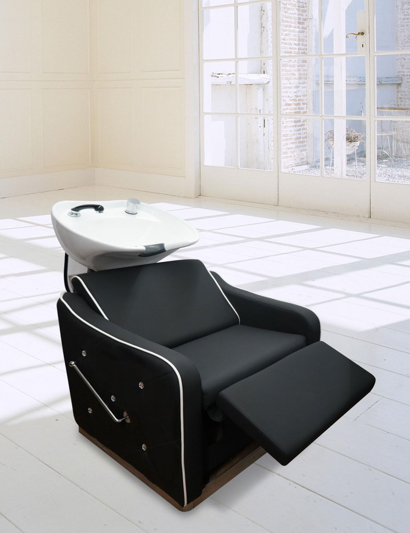 Shampoo Chair-Backwash Unit for Salon,Tilting Ceramic Sink Station,Multifunctional Shampoo Chair for Barbershop,Beauty,Salon,Spa(Black)