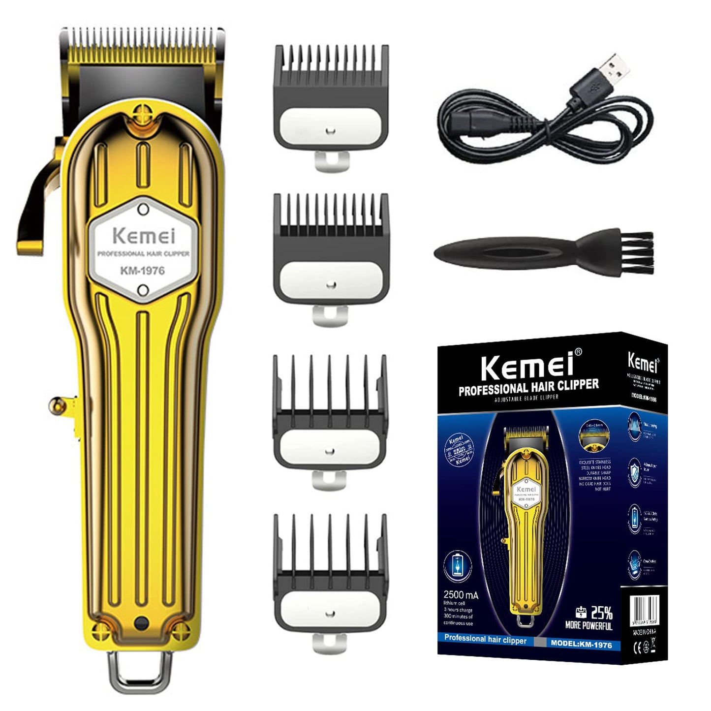 KEMEI 1976 Hair Clippers for Men Professional, Cordless Hair Trimmers Grooming Kit Wet/Dry Clippers USB Rechargeable Beard Trimmer Haircut Set for Home Use & Barbers, KM 1976 Gold