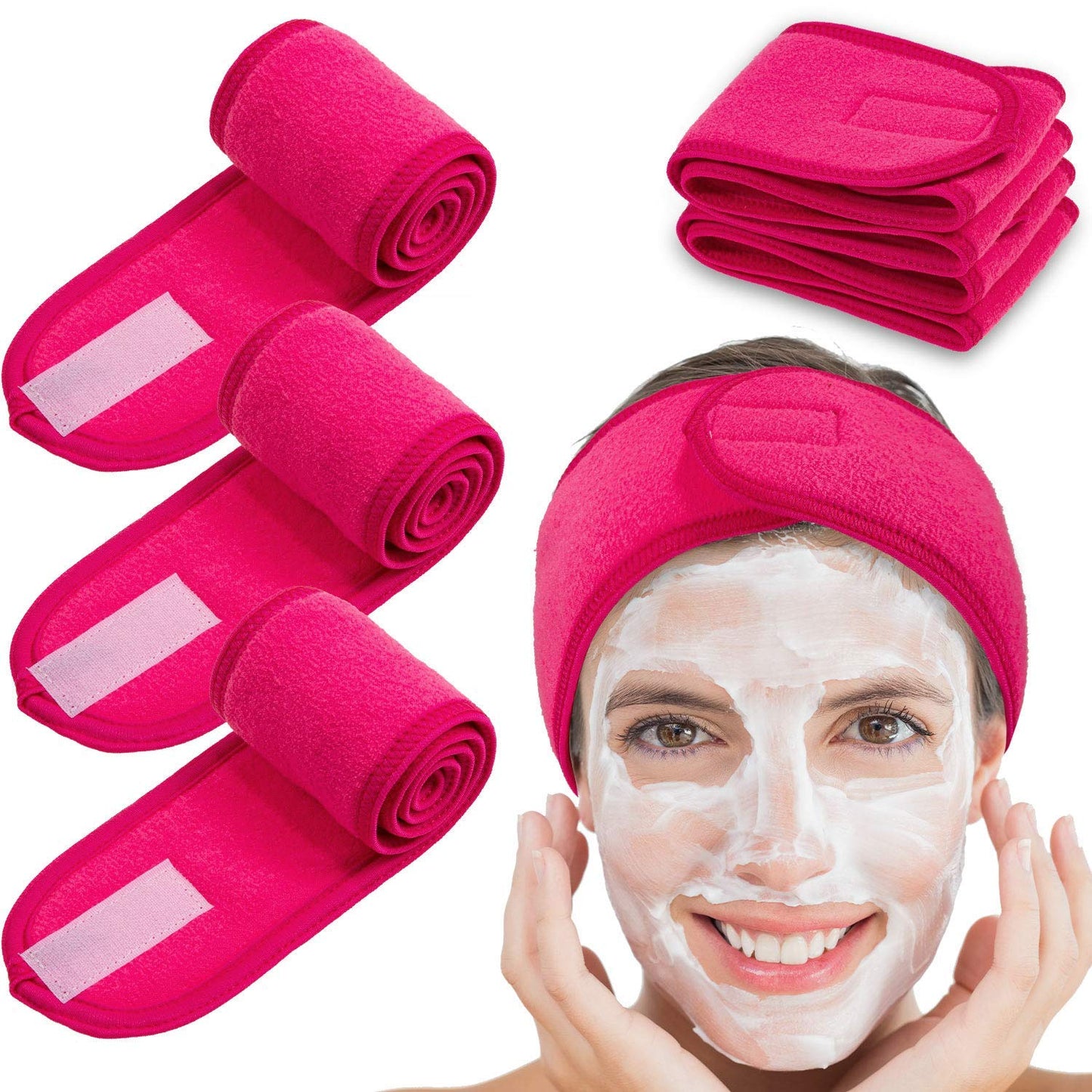 4 MultiColor Headband, Adjustable Spa Facial Headbands Terry Cloth Stretch Make Up Wrap for Face Washing, Shower, Facial Mask, Yoga, Sport Headband with Magic Tape