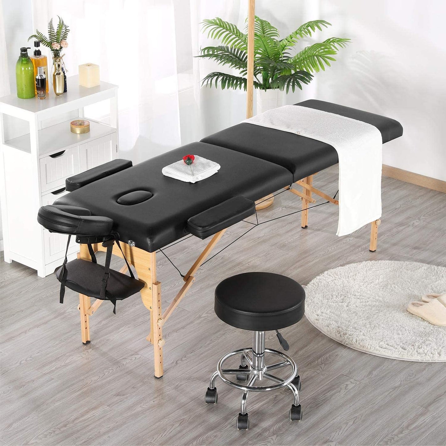 LA PERLA TECH 2 Folding Massage Table With-Carry Case-with Rolling Stool Portable Massage -Spa-Therapy Table/Headrest & Armrest Black with Stool Adjustable Swivel Salon Chair Massage