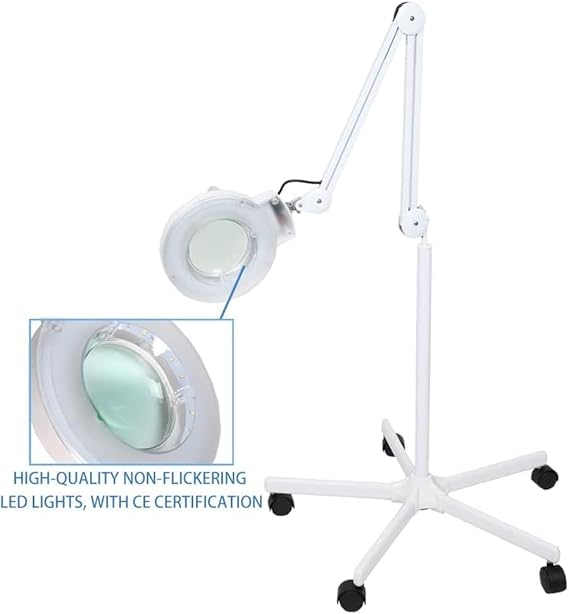 LA PERLA TECH Magnifier Lamp Adjustable Swivel Arm -Facial Magnifying Lamp with Wheels, White